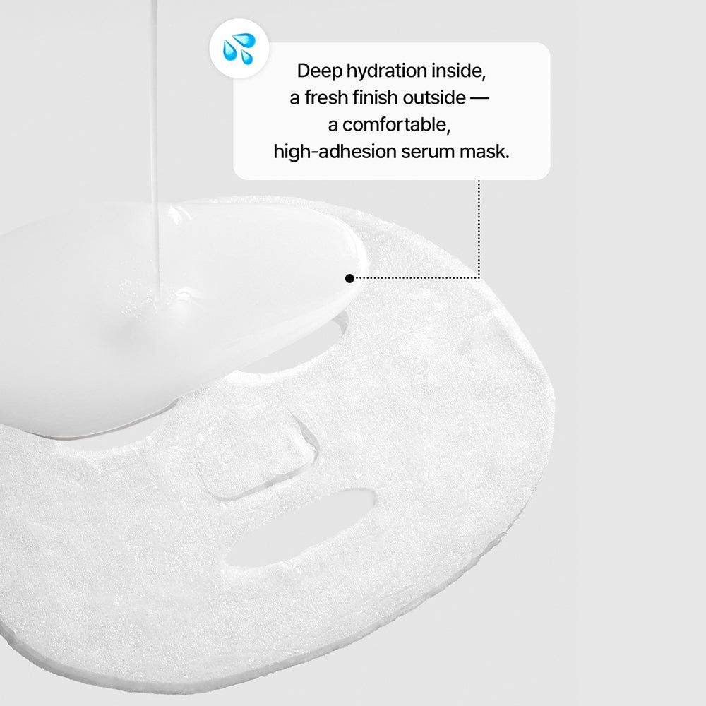 Maschera in tessuto imbevuta di siero. Testo: Idratazione profonda, finitura fresca, alta aderenza.