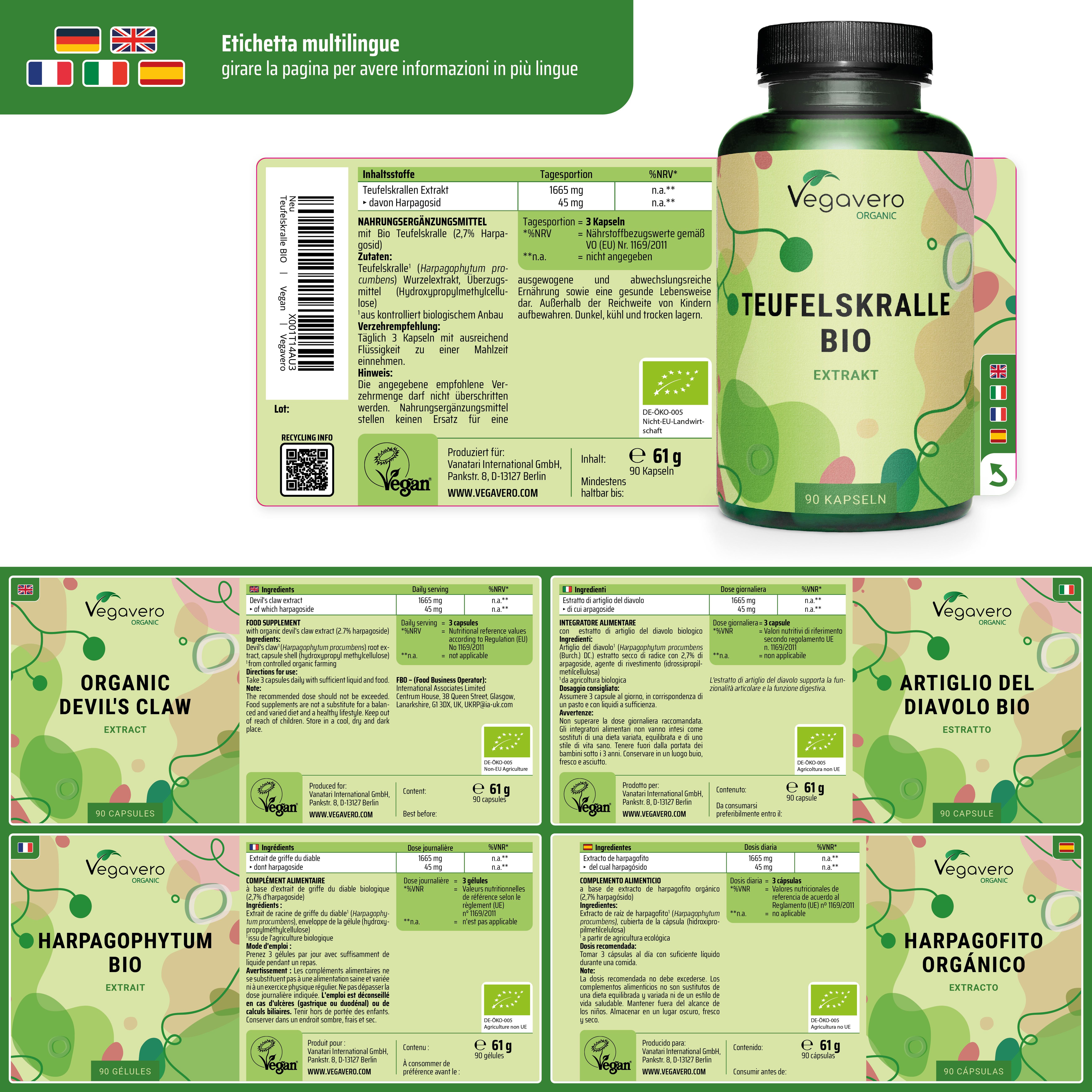 Etichetta multilingue con informazioni in più lingue. Flacone Teufelskralle BIO Extrakt. Sigillo Vegan.