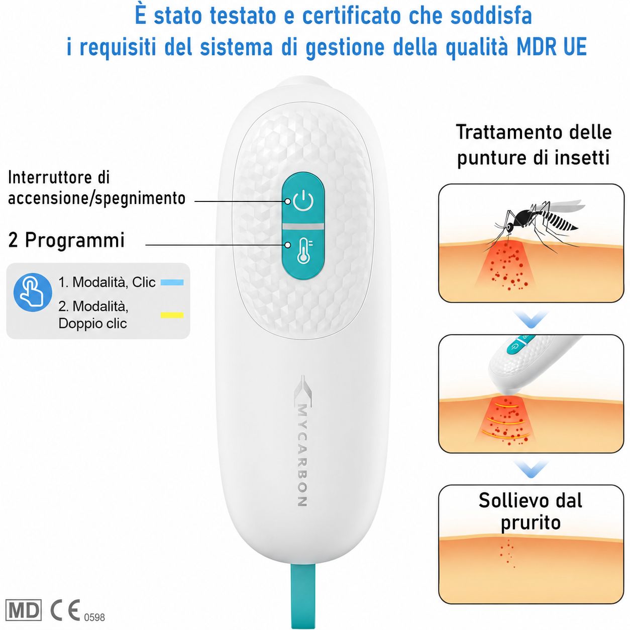 Dispositivo bianco ovale con laccetto blu. Due programmi. Interruttore on/off. Scritta: MYCARBON.