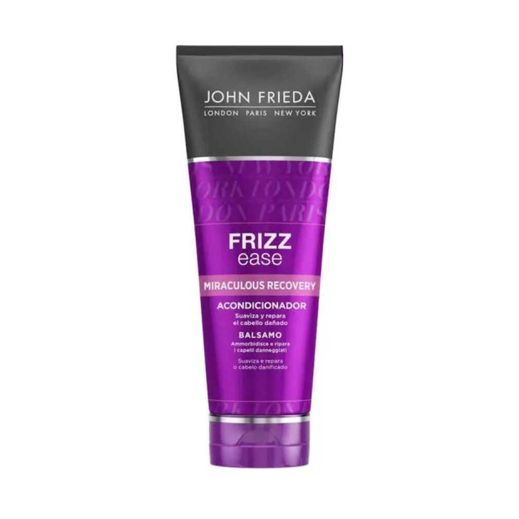 Tubo viola con tappo nero. Scritta: John Frieda, Frizz Ease, Miraculous Recovery Conditioner. Per capelli secchi e danneggiati.