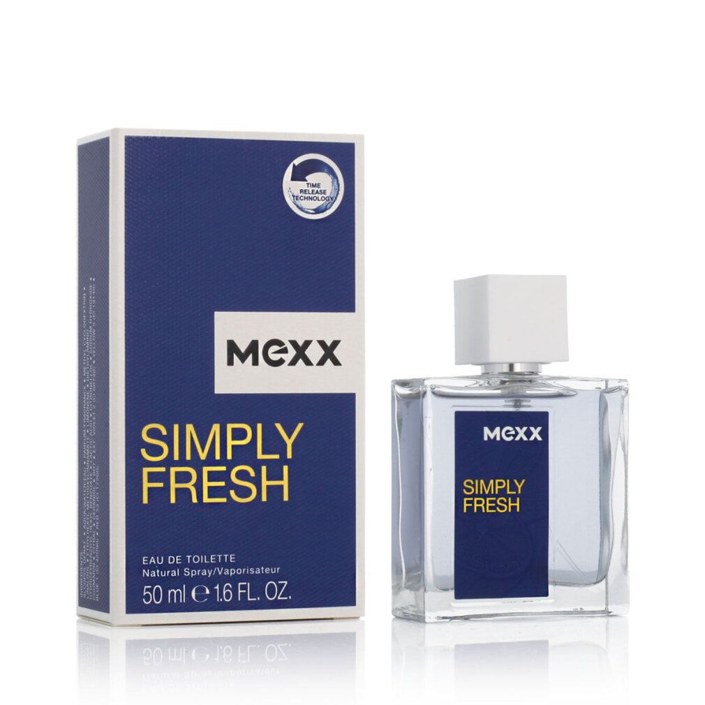 Mexx Simply Fresh Eau de Toilette Spray. Flacone e confezione. Confezione blu e bianca con nome del prodotto. Flacone trasparente con tappo bianco.