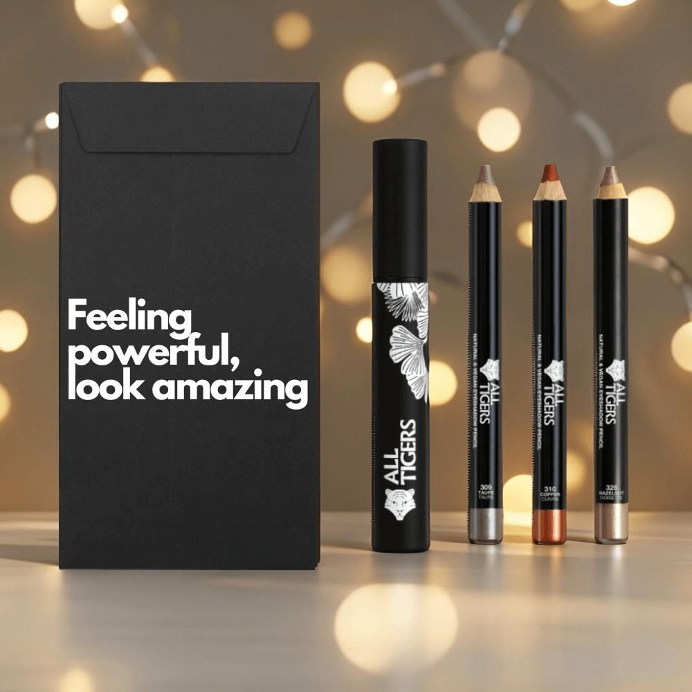 Confezione nera con testo. Mascara e tre matite occhi. Marchio ALL TIGERS.