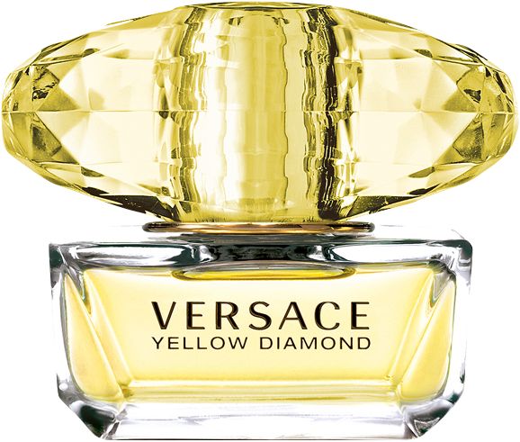 Versace Yellow Diamond Eau de Toilette. Flacone giallo con tappo a diamante. Nome del prodotto visibile.