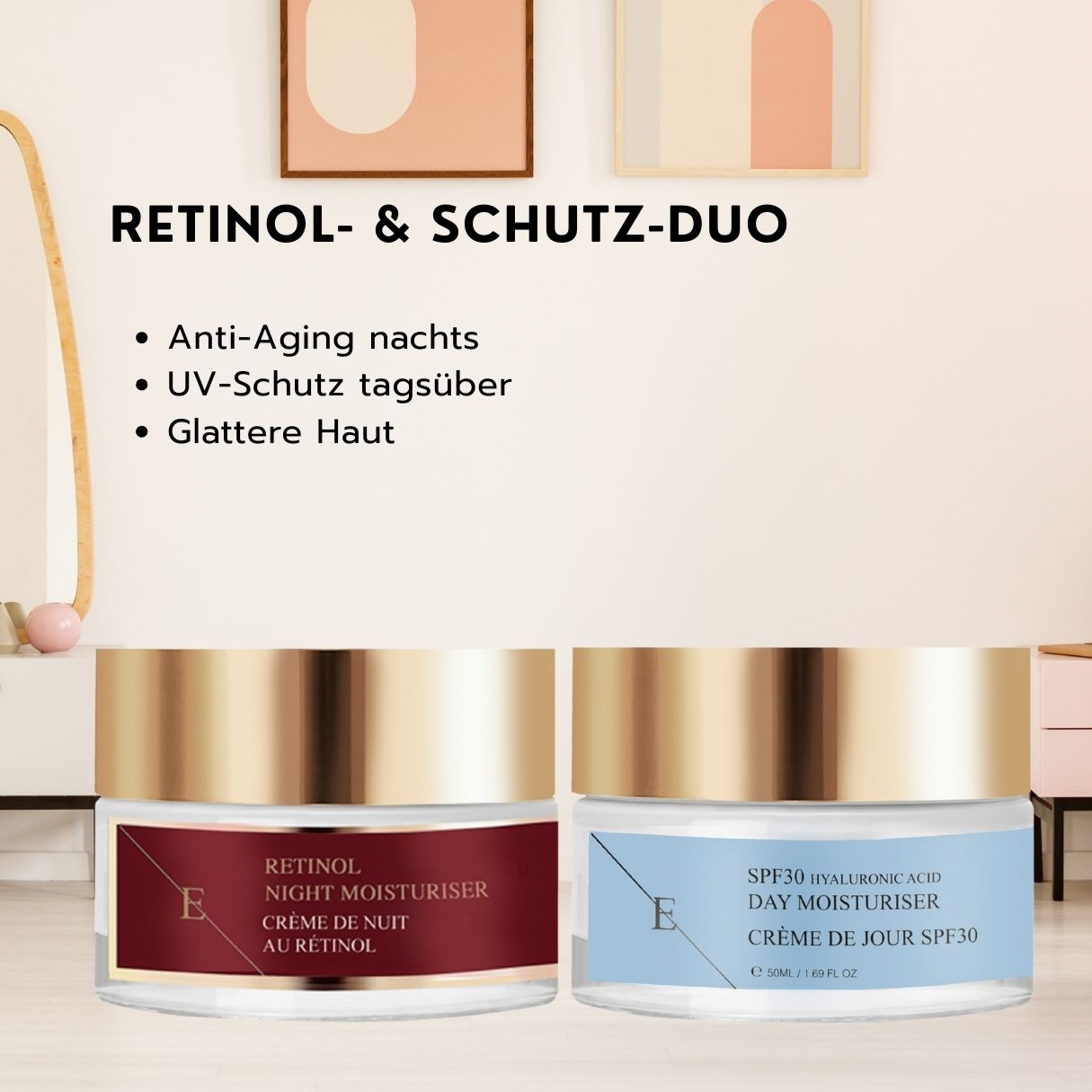 Due barattoli di crema, crema notte al retinolo e crema giorno SPF 30. Testo: Duo Retinolo & Protezione. Anti-età notte, protezione UV giorno.
