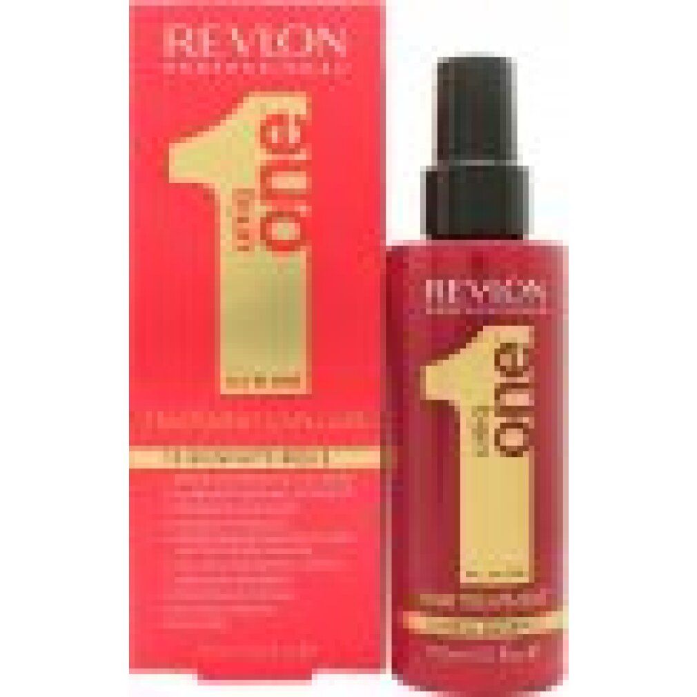 Flacone e confezione Revlon Uniq One rossi. Scritta: All in One Hair Treatment. 10 benefici. Erogatore spray.