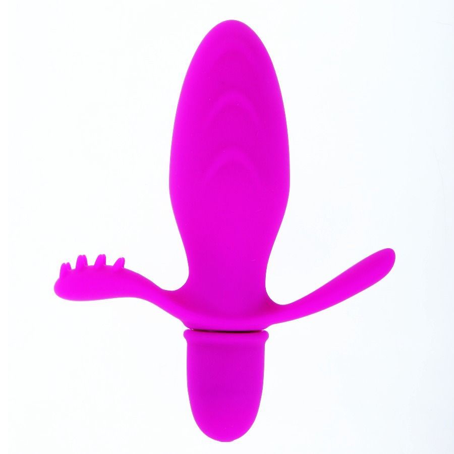 Vibratore lilla in silicone. Forma arrotondata, ali e noduli. Base cilindrica.
