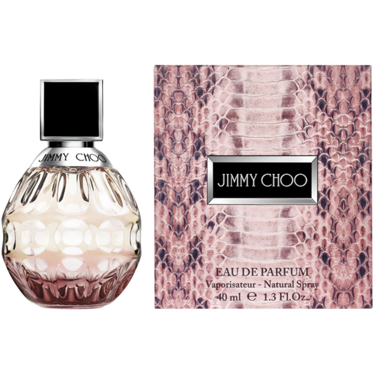 Flacone di profumo e confezione. Flacone: tappo quadrato, scritta "Jimmy Choo". Confezione: motivo serpente, logo.