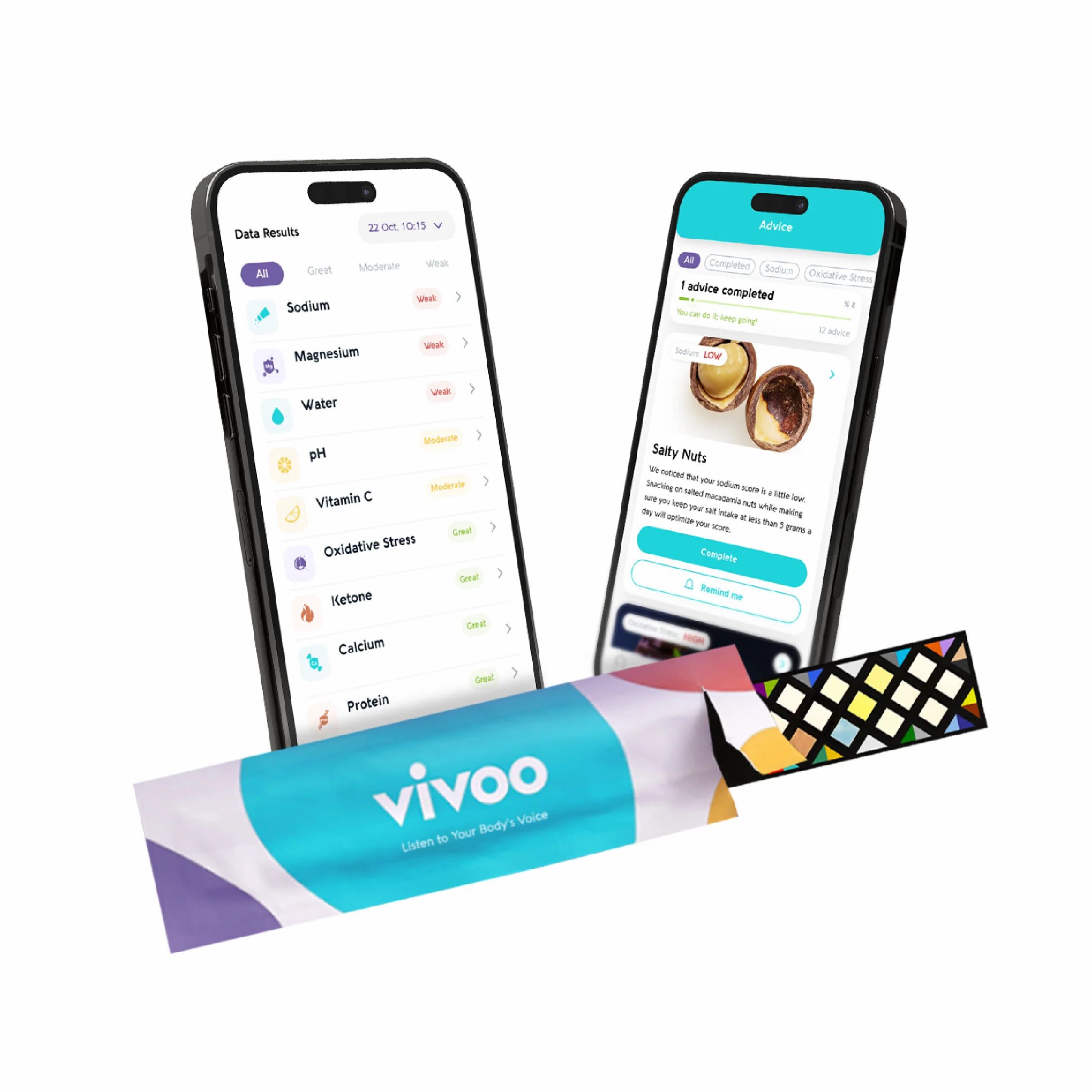 Due smartphone con display di app. Una bustina con la scritta 'vivoo'. Sugli schermi: dati, Salty Nuts, risultati. Grafica colorata.