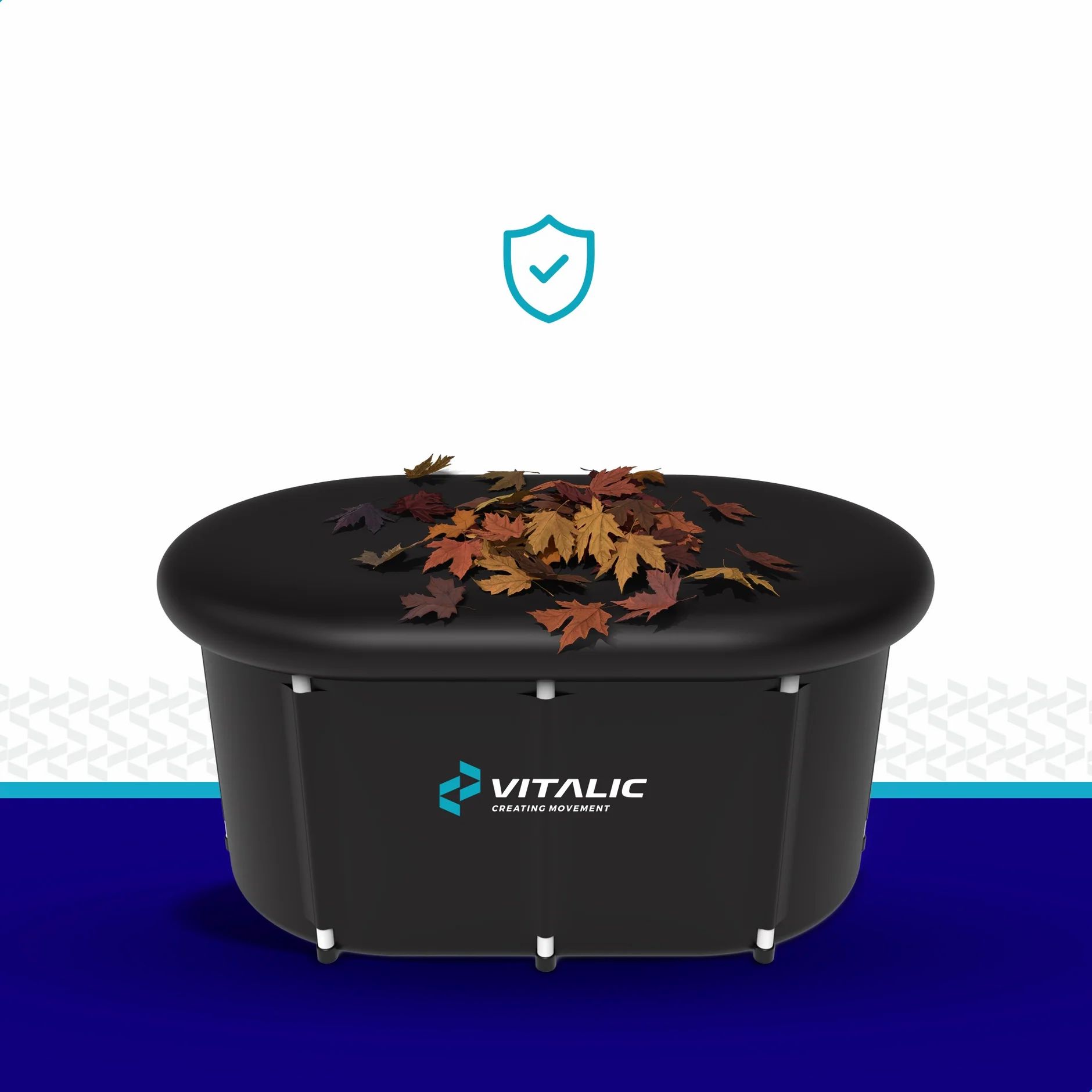 Vaschetta da bagno ovale nera con foglie. Logo VITALIC. Simbolo di protezione.