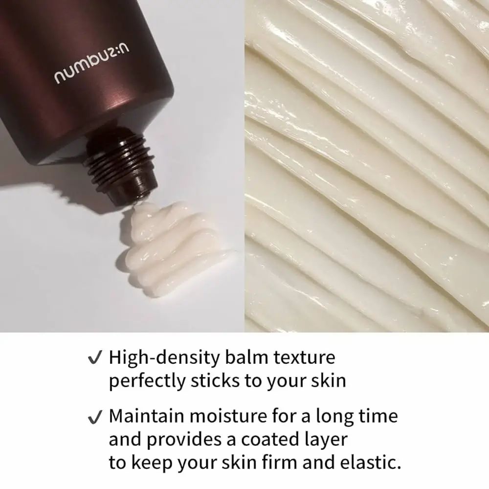 Crema che esce dal tubo. Testo: High-density balm texture perfectly sticks to your skin. Maintain moisture for a long time.