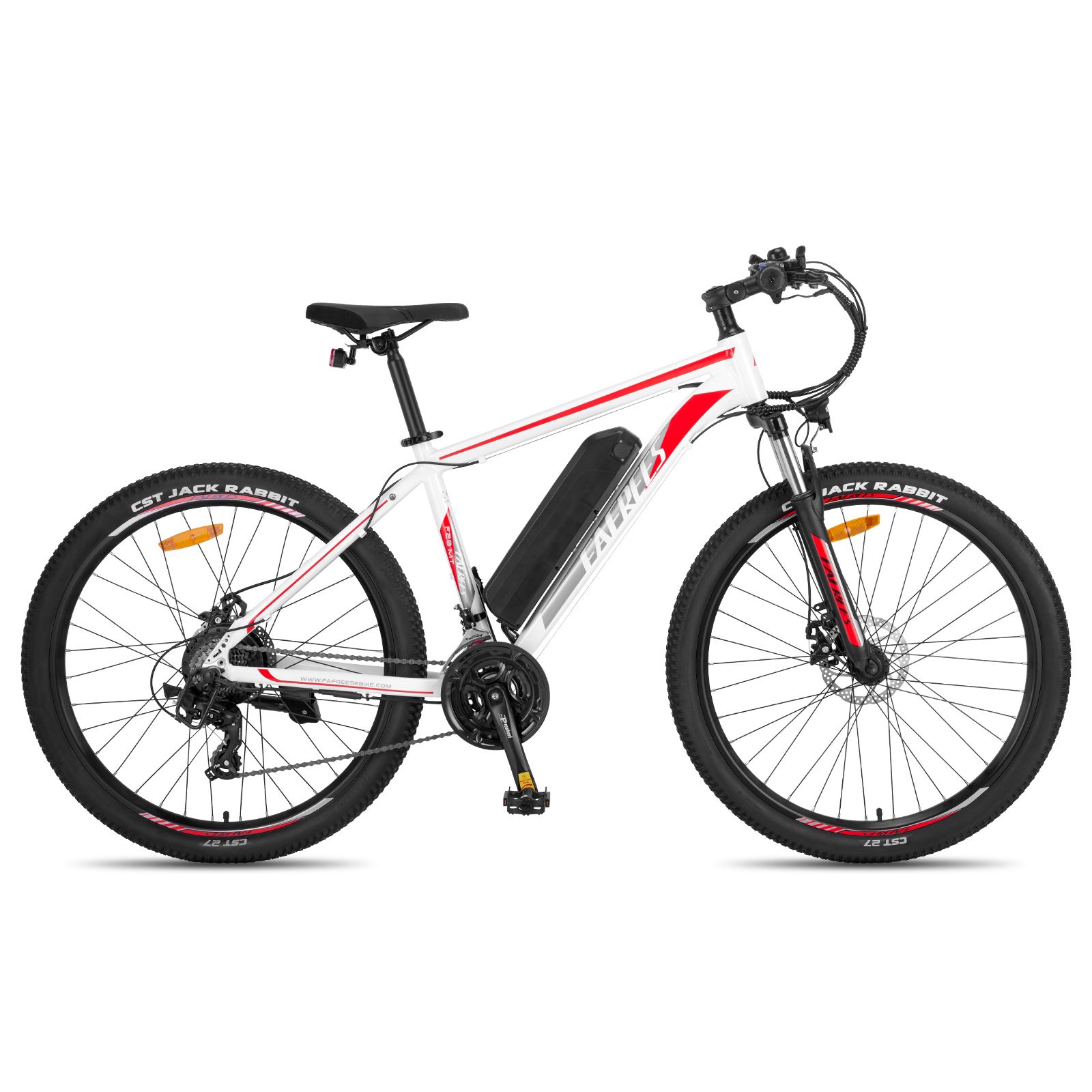 E-mountain bike bianco con dettagli rossi. Pneumatici, forcella e manubrio neri. Batteria sul telaio.