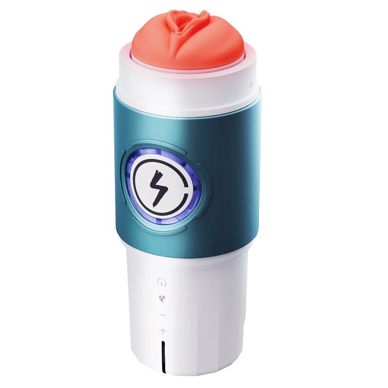 Dispositivo cilindrico bianco-blu, apertura rossa. Pannello comandi e logo luminoso. Parte superiore blu, inferiore bianca. Apertura rossa.