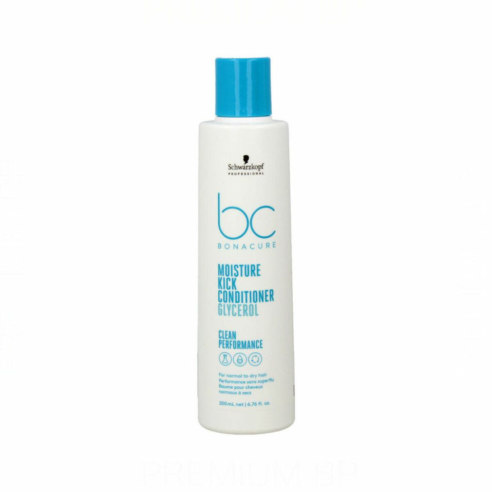 Flacone bianco con tappo blu. Scritta: Bonacure Moisture Kick Conditioner. Schwarzkopf Professional.