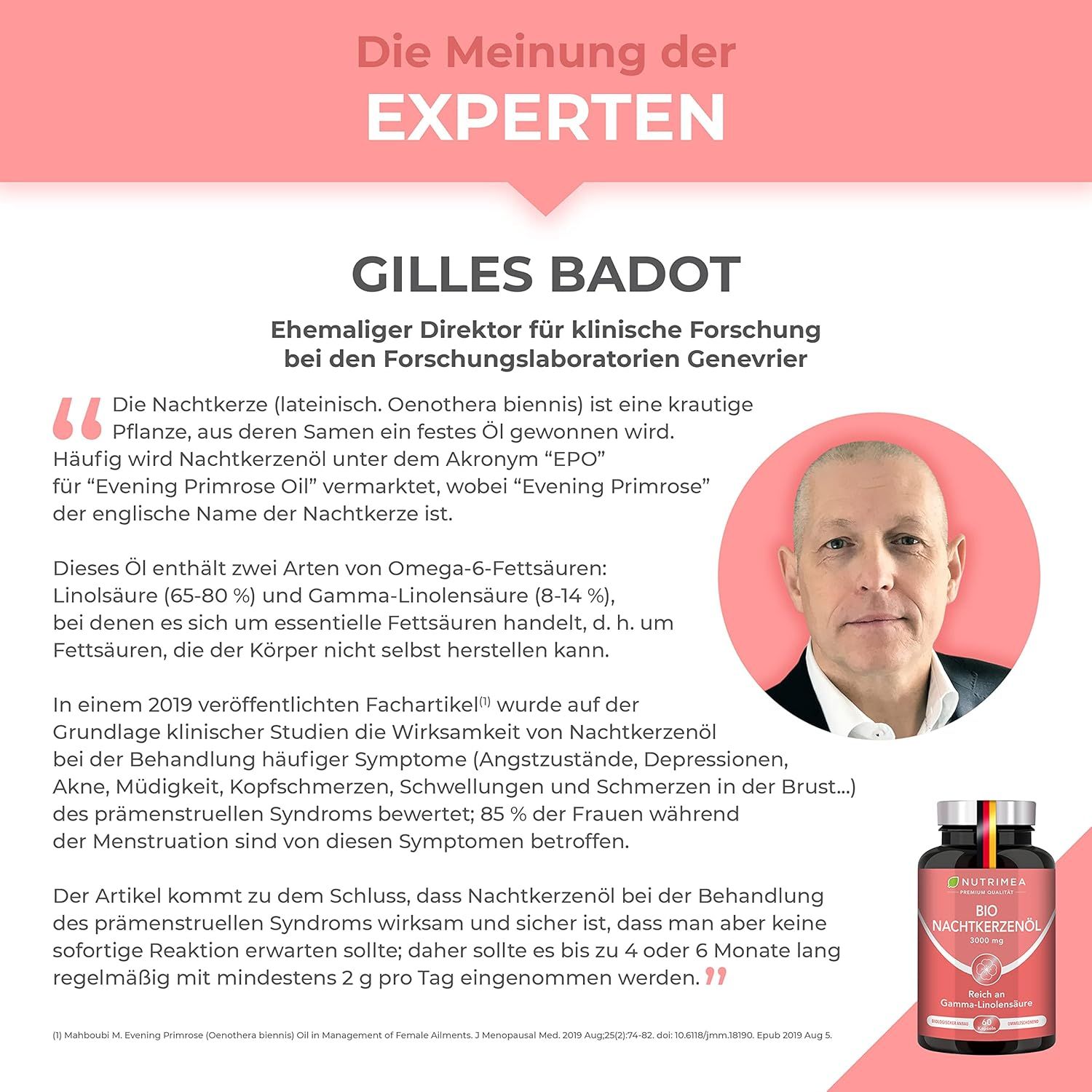Parere esperto di Gilles Badot. Citazione sull'olio di enotera. Flacone BIO Nachtkerzenöl nell'angolo.