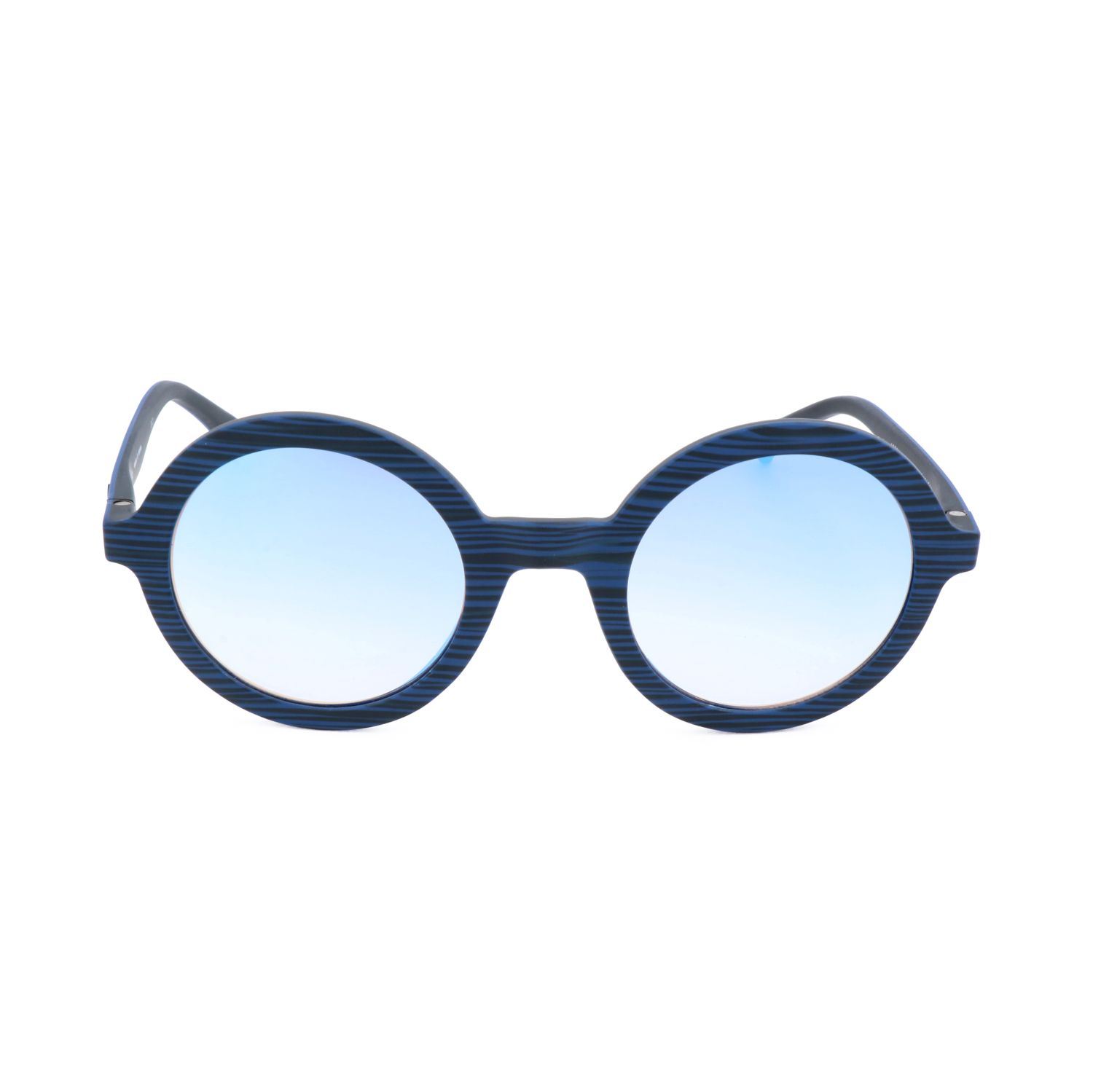 Occhiali rotondi blu con venature di legno e lenti azzurre.