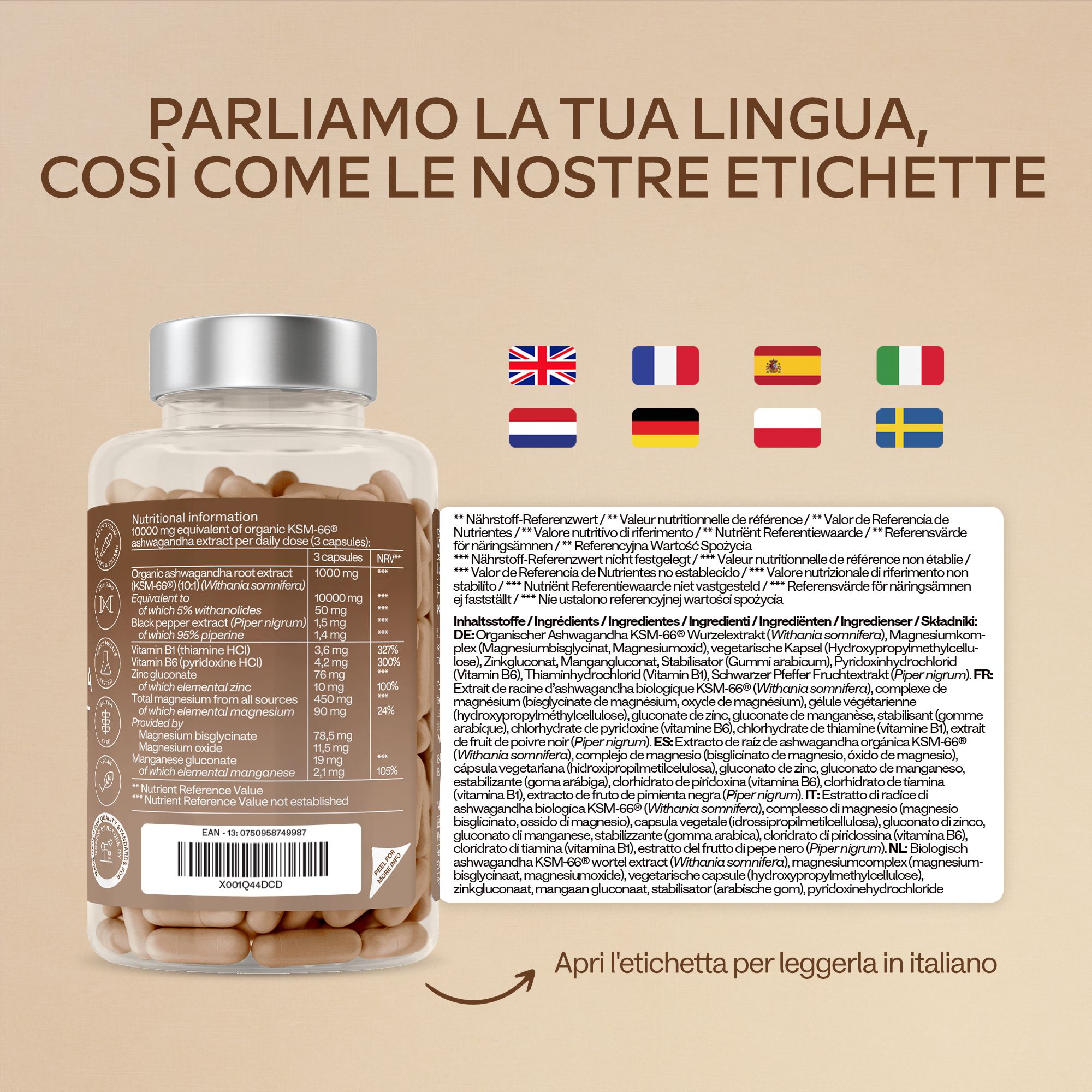 Bottiglia di vetro con capsule e testo. Scritta: Informazioni nutrizionali, ingredienti, etichette multilingue.