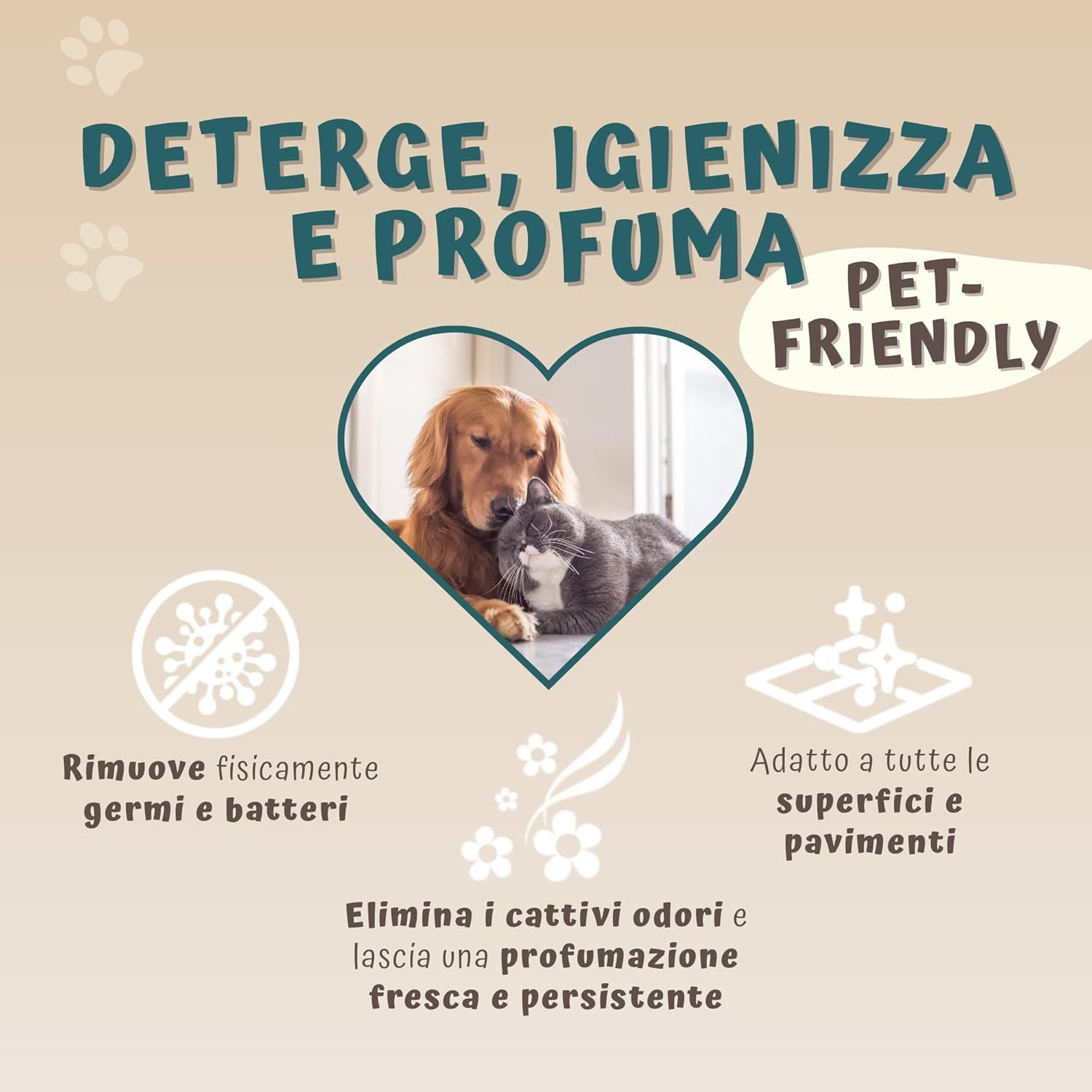 Immagine pubblicitaria con illustrazione a forma di cuore. Testo: Deterge, igienizza e profuma. Pet-Friendly. Rimuove germi e batteri.