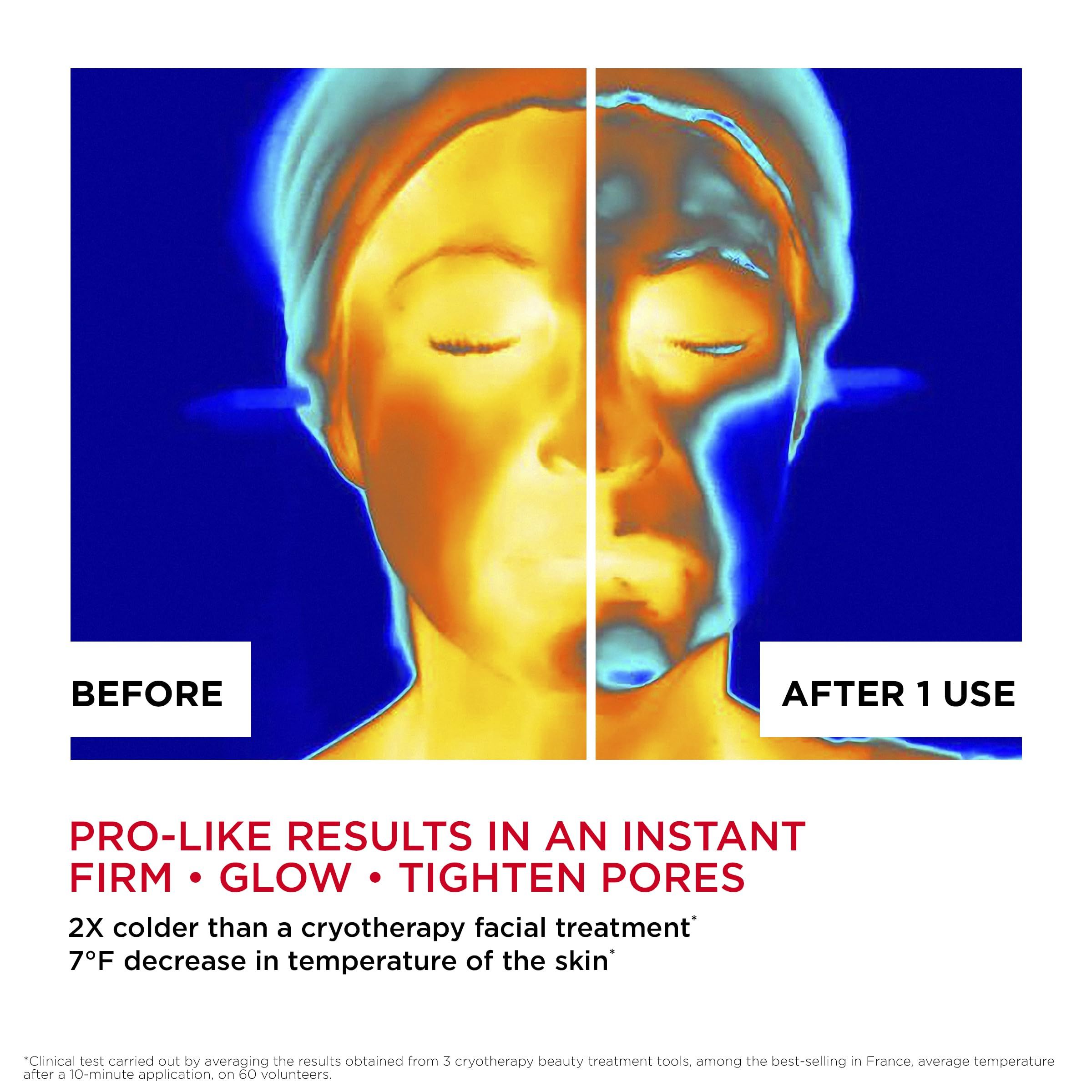 Immagine termografica di un viso prima e dopo l'applicazione. Testo: Pro-like results in an instant firm, glow, tighten pores.
