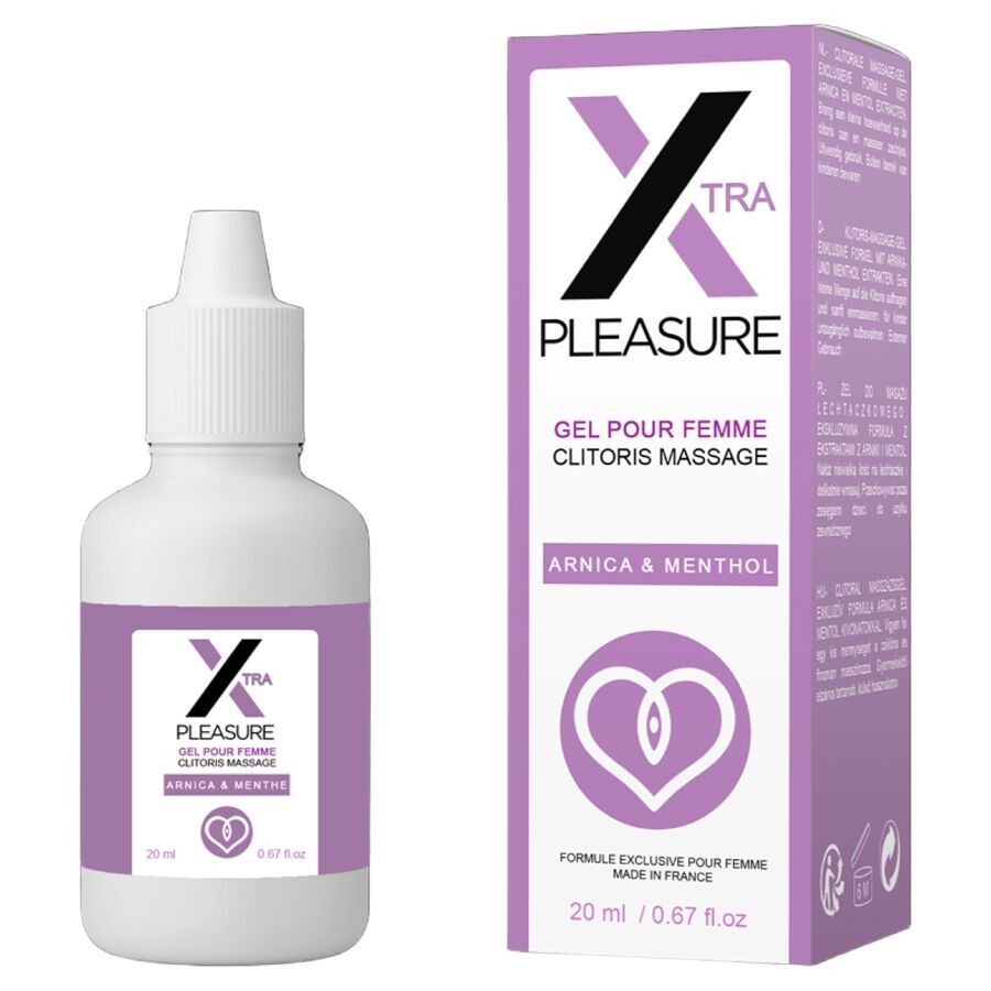 Flacone e scatola di gel massaggio clitoride Xtra Pleasure, 20 ml.