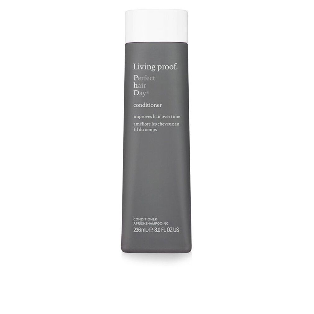 Flacone grigio con tappo bianco. Scritta: Living proof, Perfect hair Day conditioner. Testo: improves hair over time.