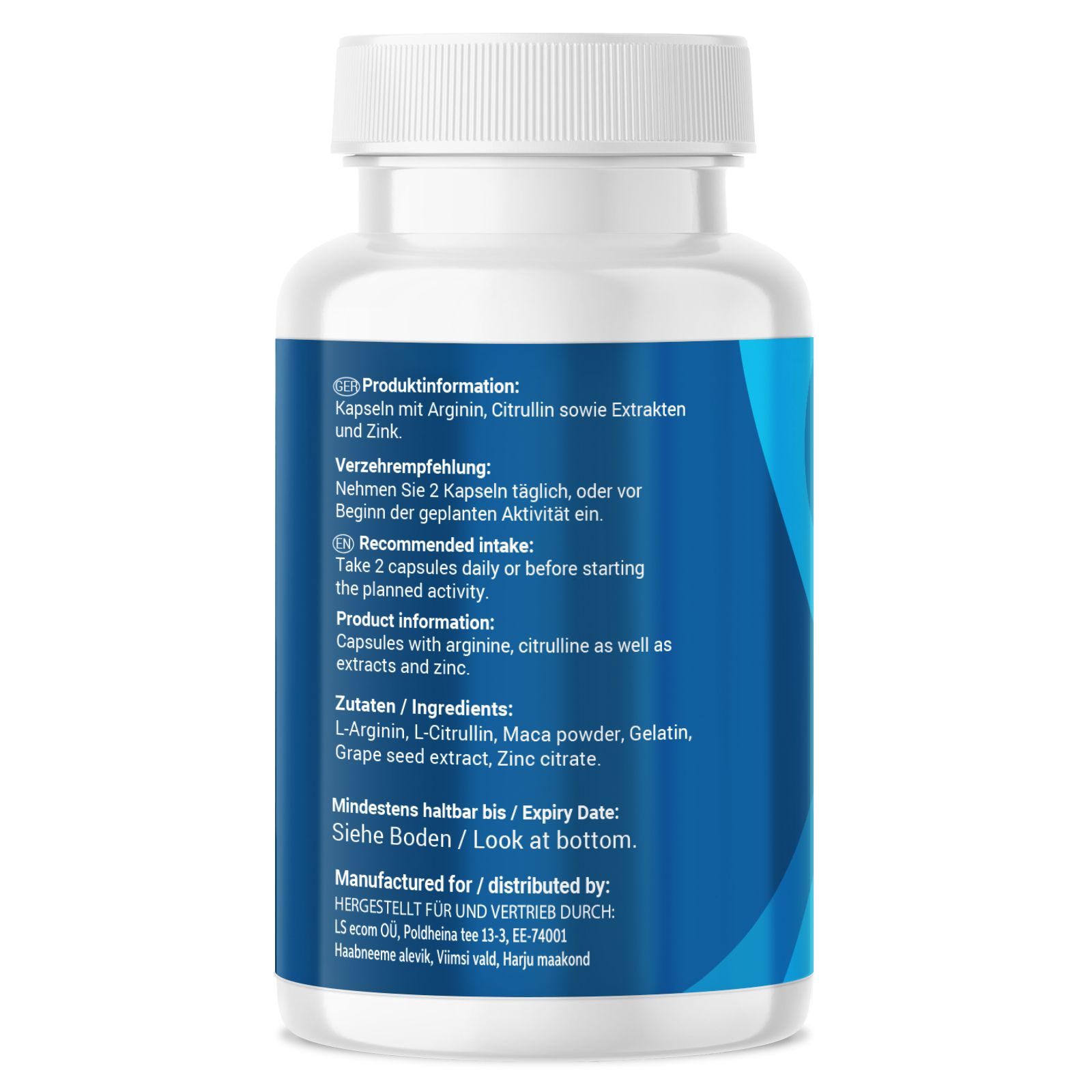 Flacone di capsule bianco con testo blu. Contiene informazioni sugli ingredienti come arginina, citrullina e zinco. Testo in tedesco e inglese.
