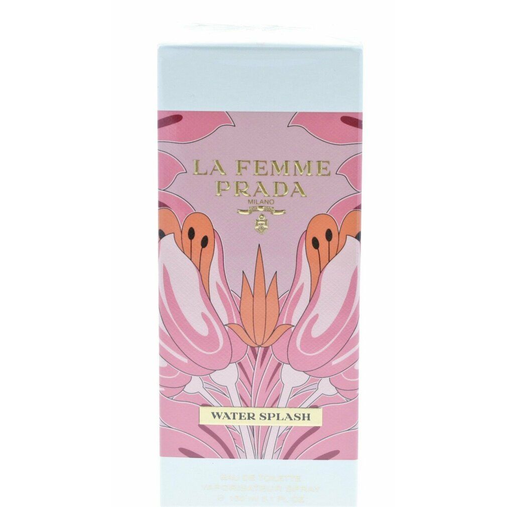 Confezione rosa Prada La Femme Water Splash Eau de Toilette. Scritta: La Femme Prada, Water Splash. Design floreale.