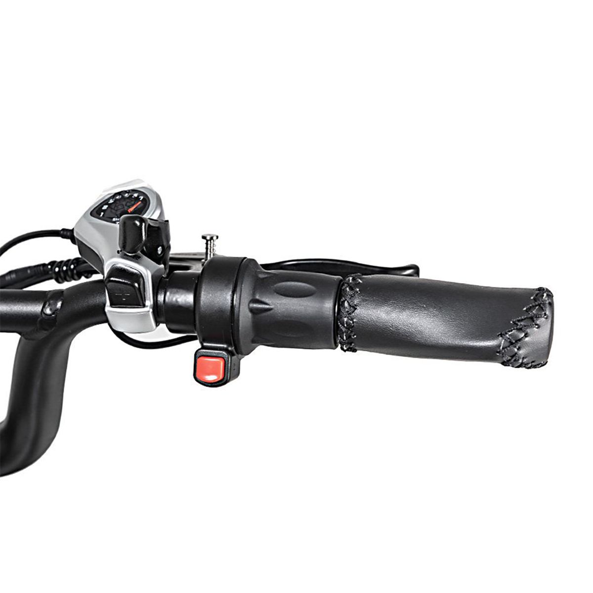 Manubrio con manopole, comandi e pulsante rosso. Manopole nere con cuciture.