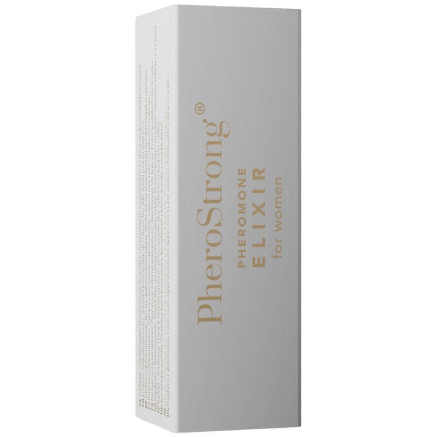 Confezione per PheroStrong Elixir per donne, profumo a feromoni. Scatola bianca con scritte dorate.