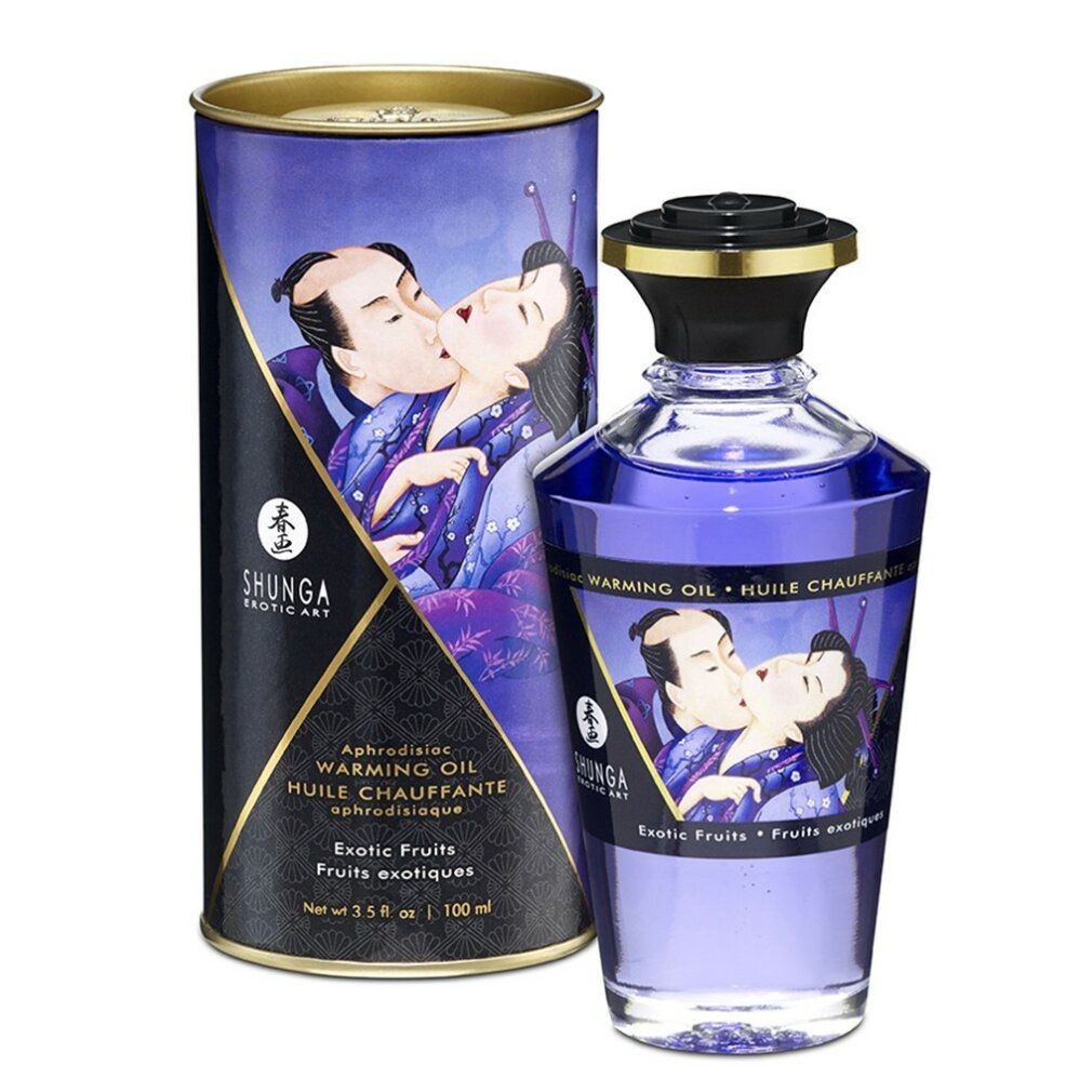 Olio da massaggio ai frutti esotici. Bottiglia con liquido viola e confezione cilindrica. Stampa di una coppia che si bacia.