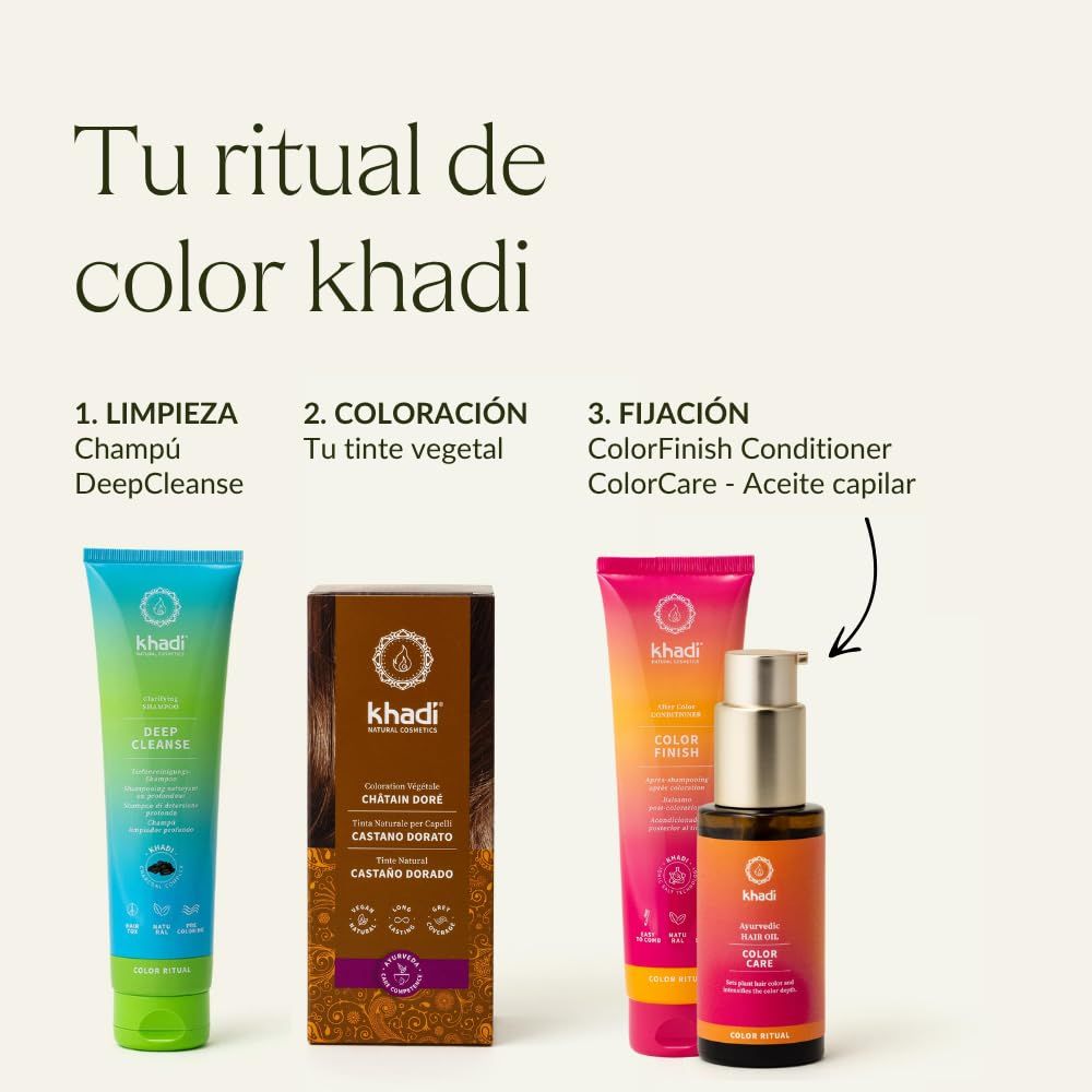 Tre prodotti: shampoo, tinta vegetale, balsamo/olio. Marchio: Khadi.