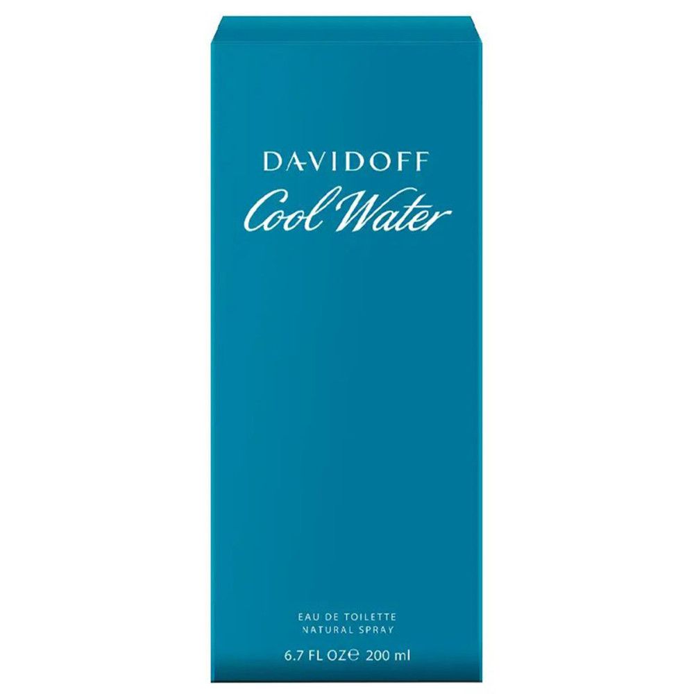 Confezione Davidoff Cool Water. Scatola rettangolare blu. Testo: Davidoff Cool Water, Eau de Toilette Natural Spray.