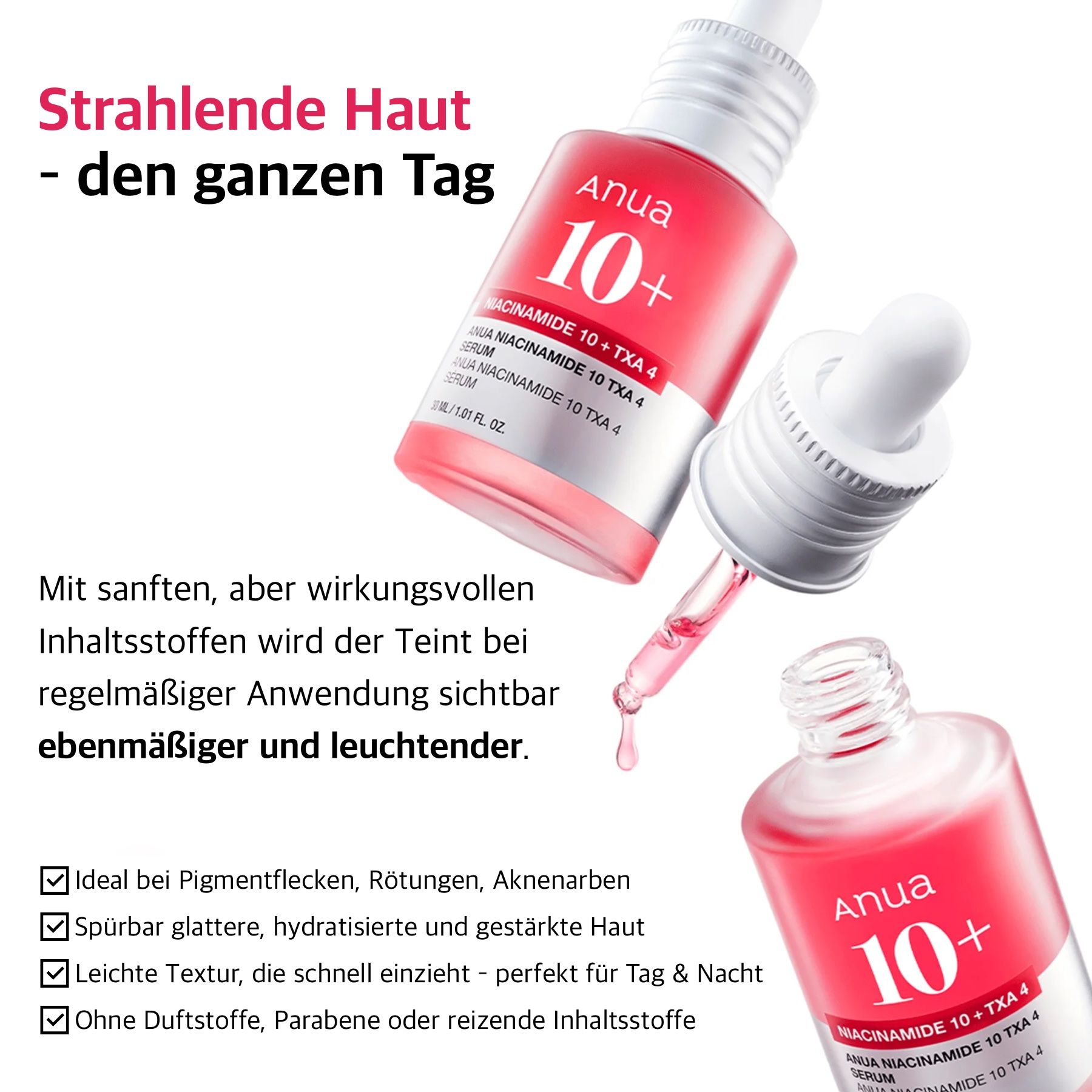 Due flaconi di siero Anua 10+. Scritta: Anua 10+ Niacinamide TXA 4 Serum. Testo sui benefici del siero.