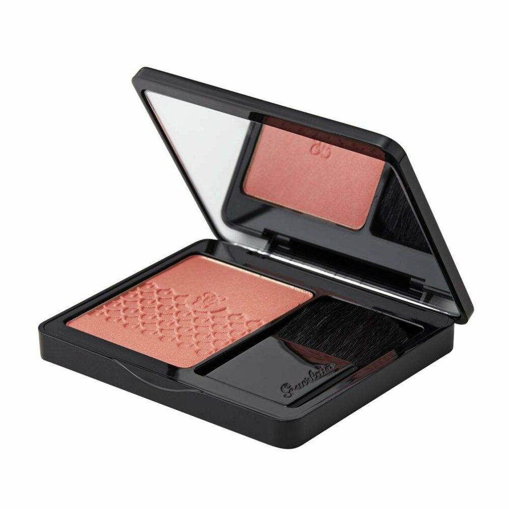 Astuccio fard aperto con specchio e pennello. Polvere rosa con motivo. Confezione nera. Logo del marchio sul pennello.