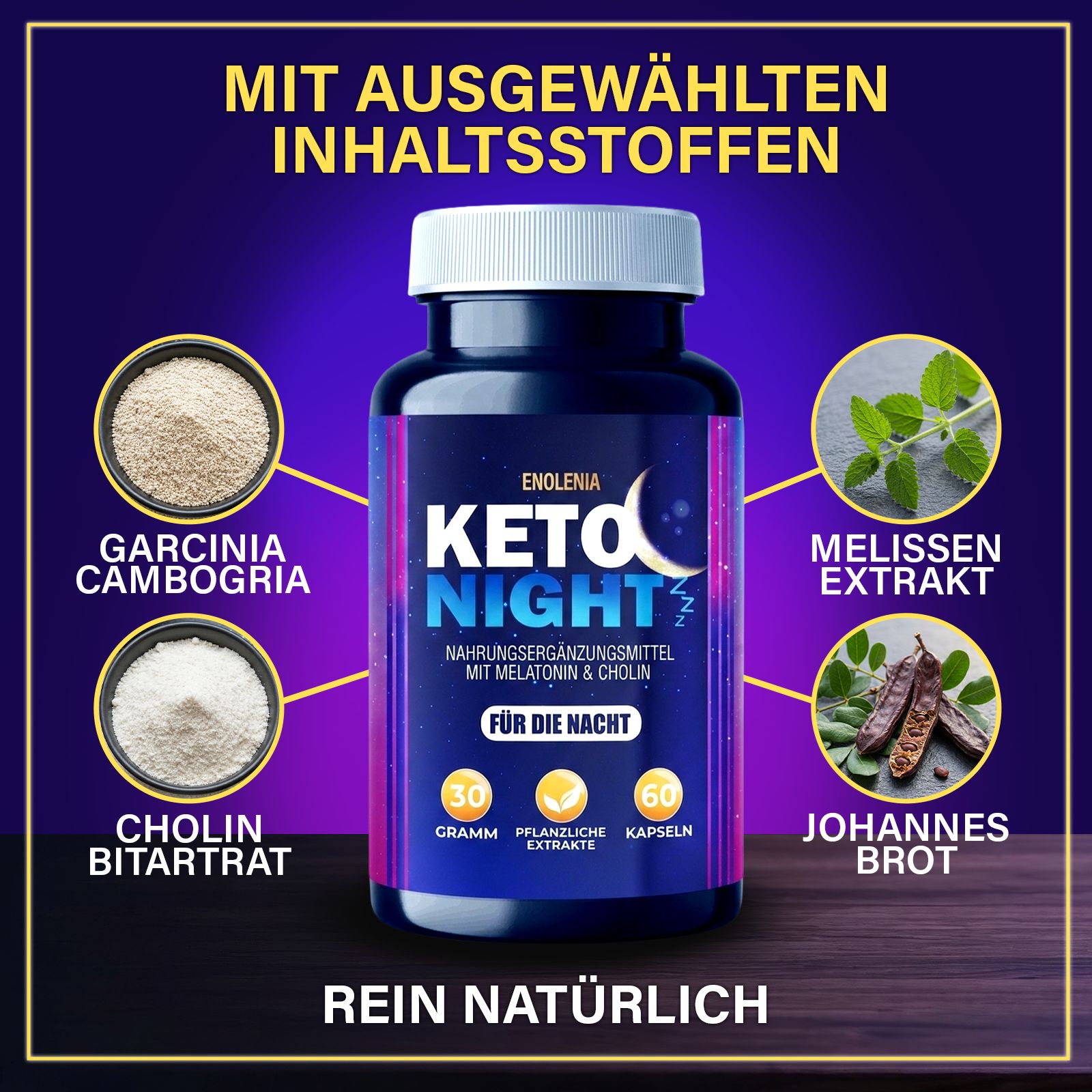 Barattolo Enolenia Keto Night circondato da rappresentazioni degli ingredienti Garcinia Cambogia e Colina.