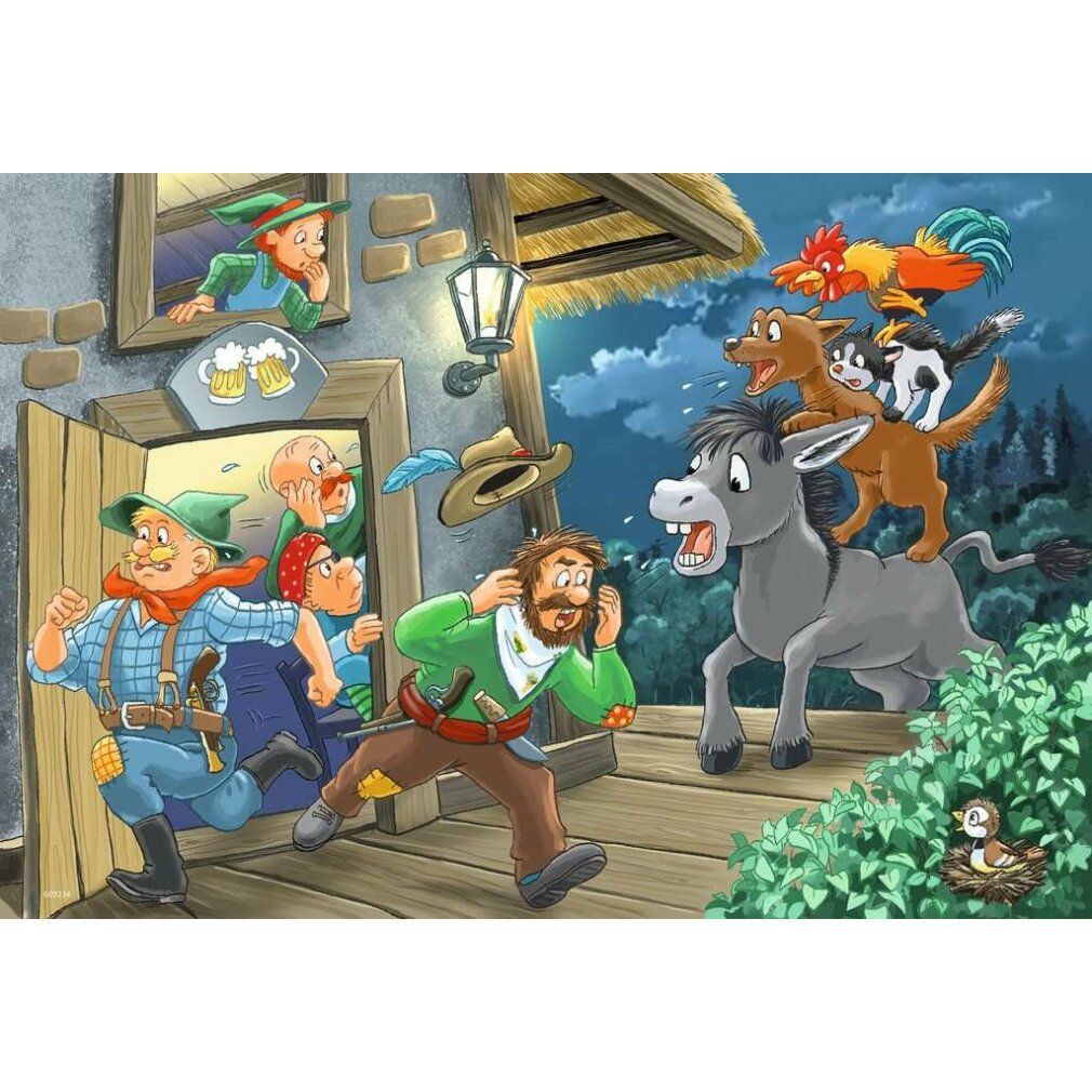 Puzzle: Fiabe. Personaggi e animali davanti a un edificio. Asino, cani, gallo e mucca illustrati. Scena notturna.