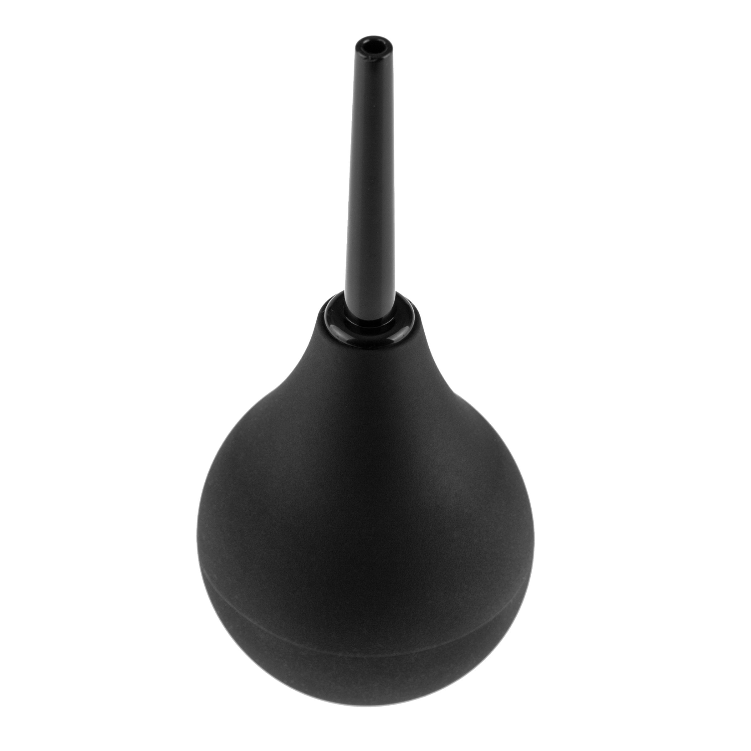 Irrigatore nero con attacco conico. Forma sferica con superficie liscia. L'attacco è cilindrico.