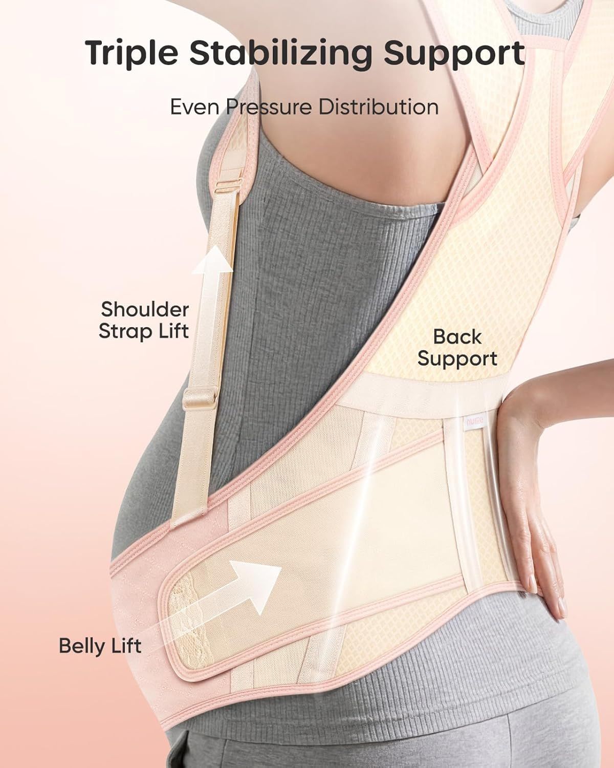 Vista posteriore della fascia gravidanza con spalline per triplo supporto.