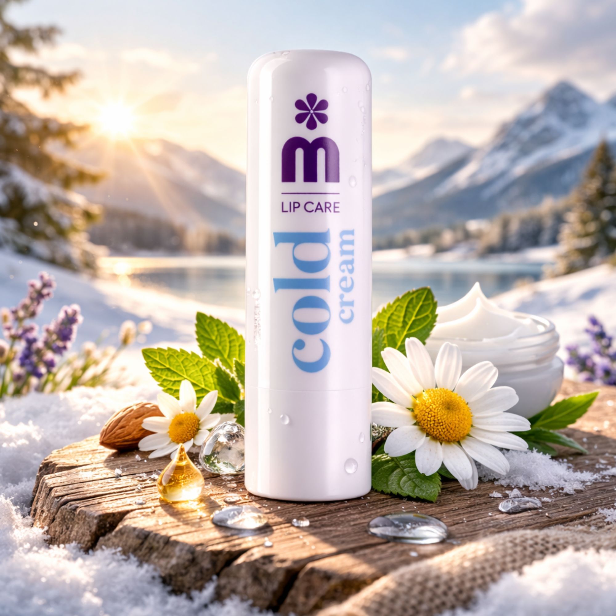 Stick di balsamo labbra bianco davanti a un paesaggio invernale con neve, fiori e acqua.