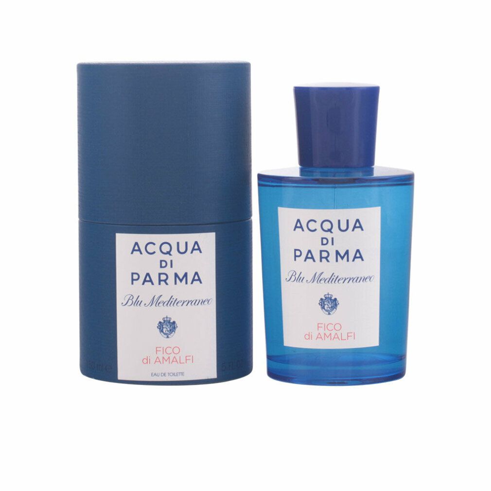 Flacone di profumo blu e confezione cilindrica. Scritta: Acqua Di Parma, Blu Mediterraneo, Fico Di Amalfi. Eau de Toilette.