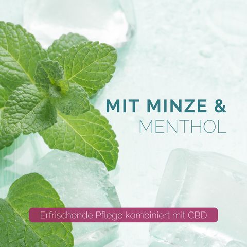 Menta e cubetti di ghiaccio. Testo: Con menta & mentolo. Cura rinfrescante con CBD.