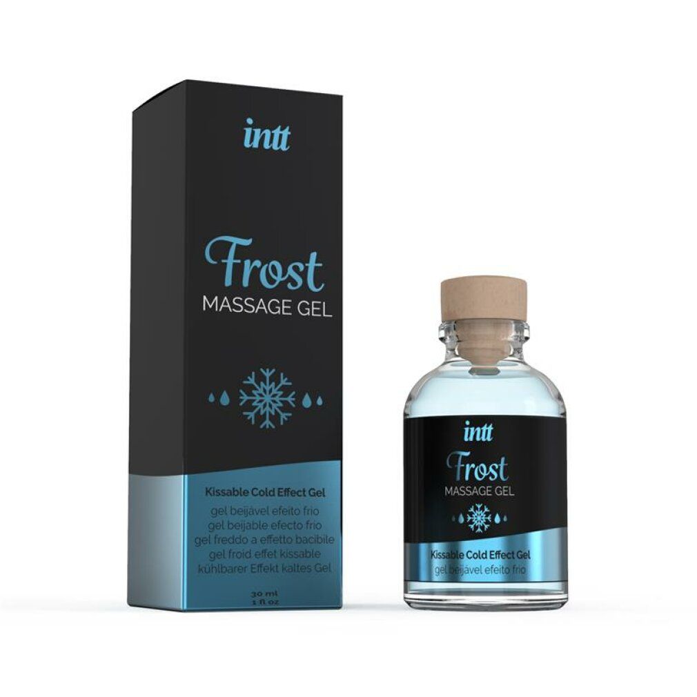 Flacone in vetro con confezione blu. "intt Frost Massage Gel". Tappo in legno. Kissable Cold Effect Gel.