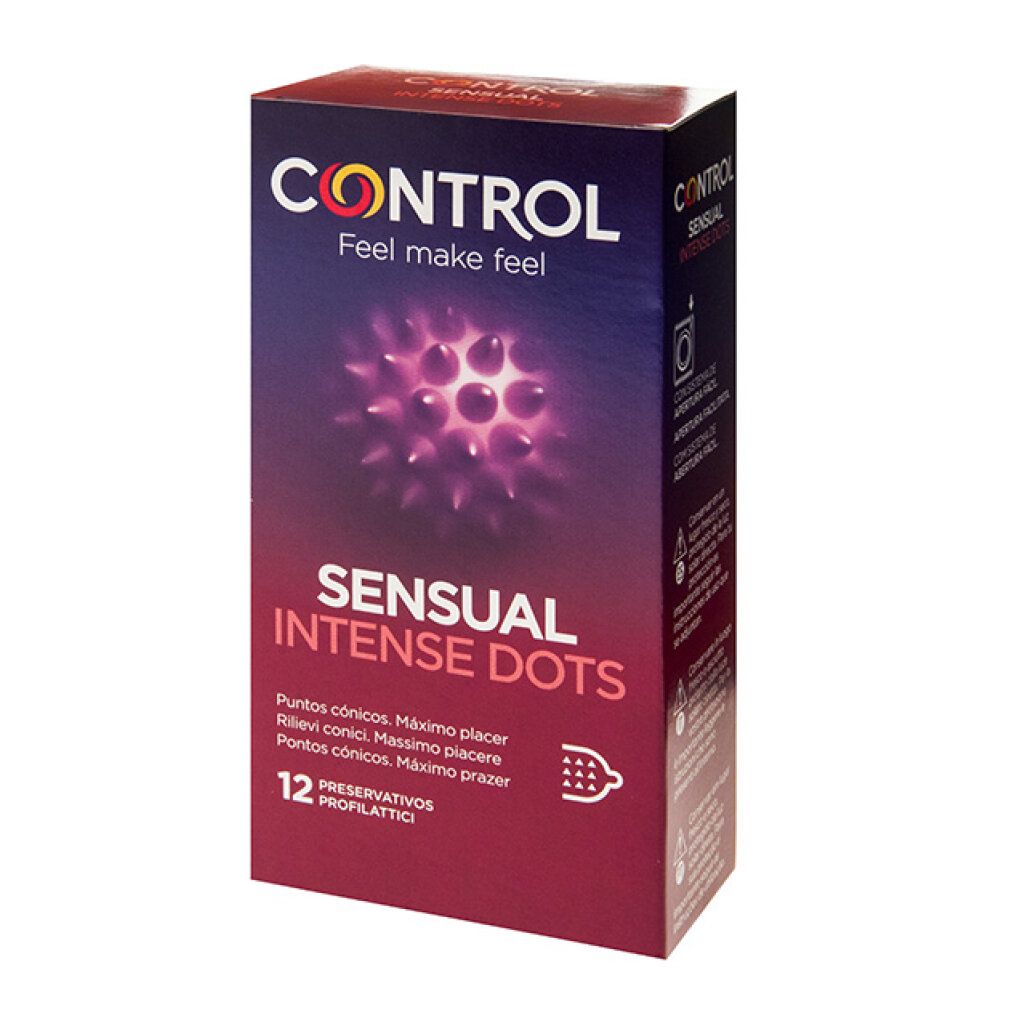 Confezione di CONTROL SENSUAL Intense Dots. Scatola rossa con nome del prodotto e immagine. 12 pezzi.