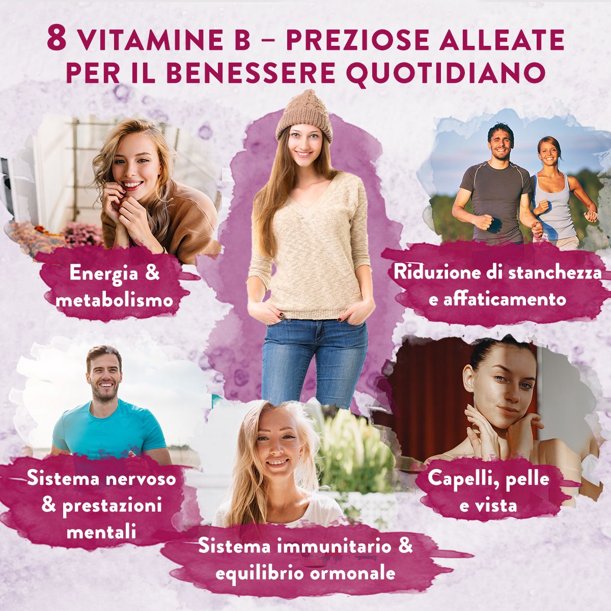 Infografica con persone e benefici per la salute. Testo su energia, metabolismo, sistema immunitario.