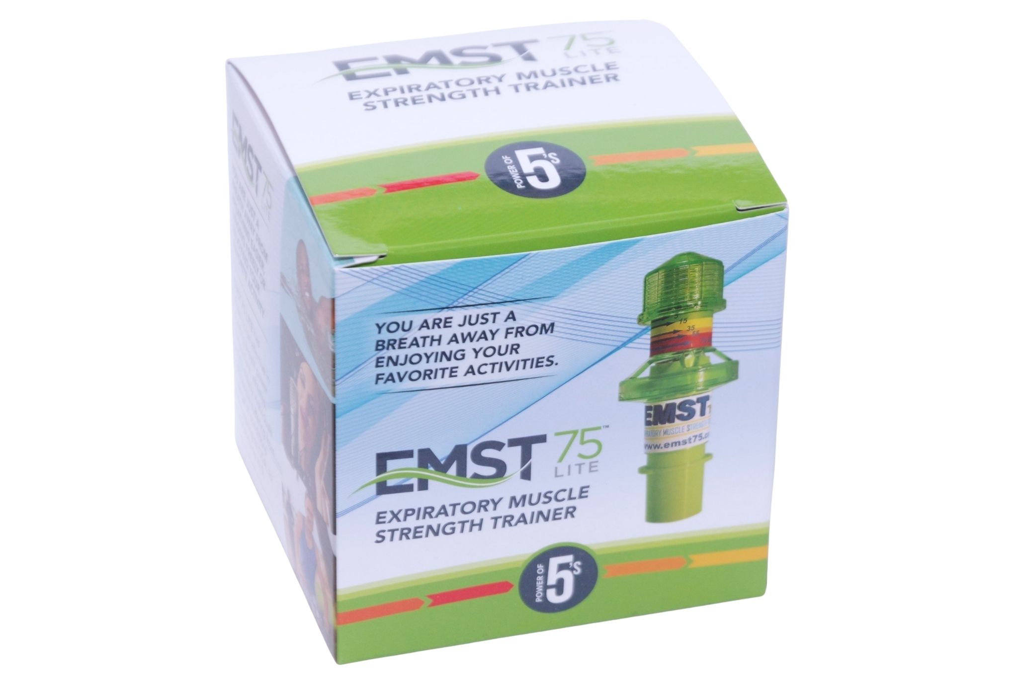 Confezione dell'allenatore respiratorio Aspire EMST75 Lite con immagine del prodotto e testo.