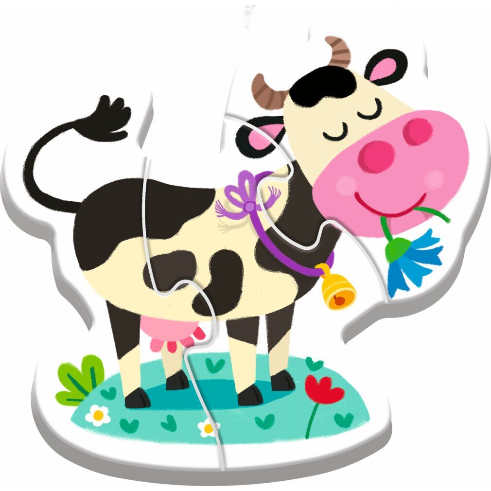 Pezzo di puzzle con mucca. Mucca maculata bianca e nera con campana e fiore. 3 pezzi di puzzle. In piedi sull'erba.