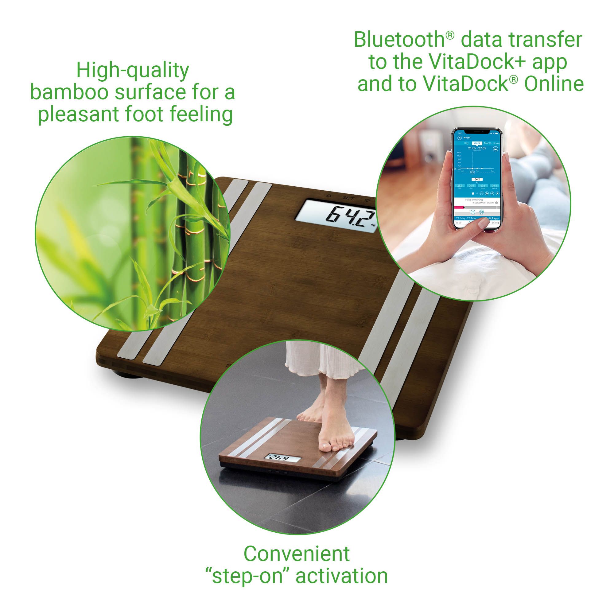 Bilancia per l'analisi corporea in bambù con display digitale. Caratteristiche: superficie in bambù, trasferimento dati Bluetooth, attivazione step-on.