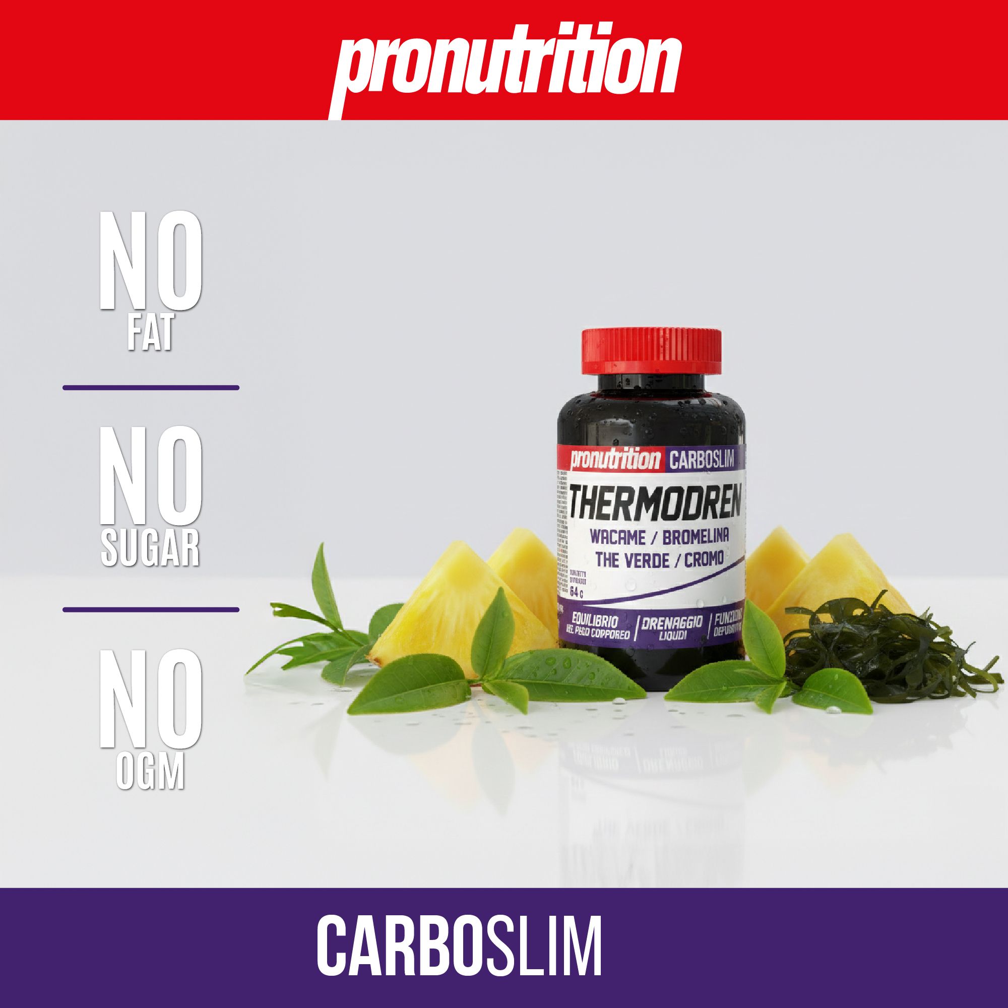 Flacone nero con tappo rosso. Scritta THERMODREN. Con ananas e foglie. Scritta CARBOSLIM.