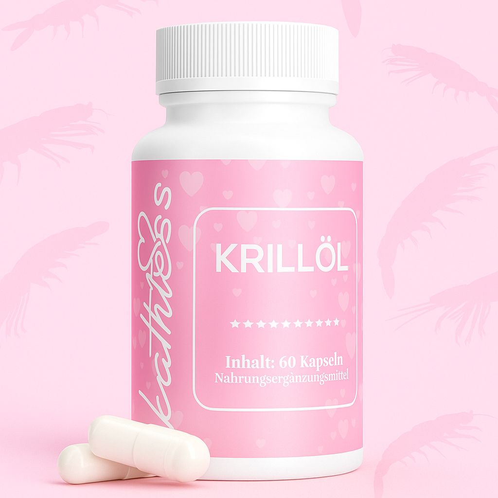 Flacone bianco con etichetta rosa. Krillöl, 60 capsule. Marchio: Kathless. Due capsule accanto.
