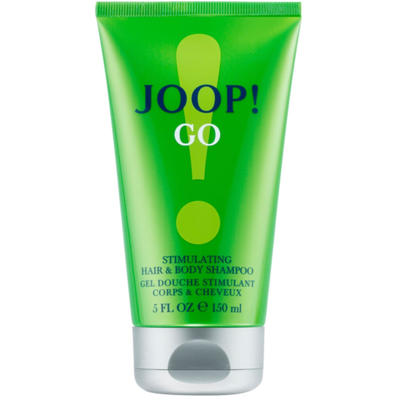 Tubo verde con logo JOOP! GO e nome del prodotto. Contiene "Stimulating Hair & Body Shampoo". Sotto, "5 FL. OZ e 150 ml".