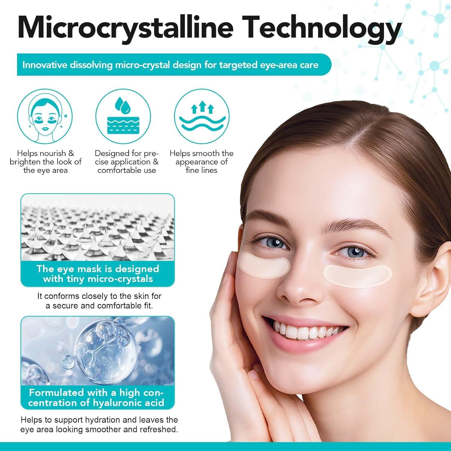 Donna con cerotti occhi. Tecnologia microcristallina. Diagrammi mostrano applicazione e risultati. Prodotto con microcristalli.